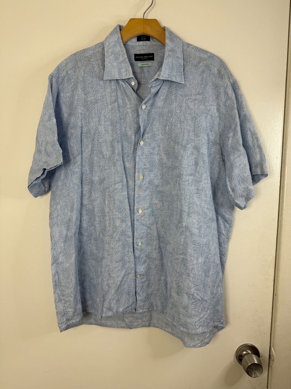 Peter Millar Japanese Denim, blue leaf pattern, short sleeve linen shirt XL